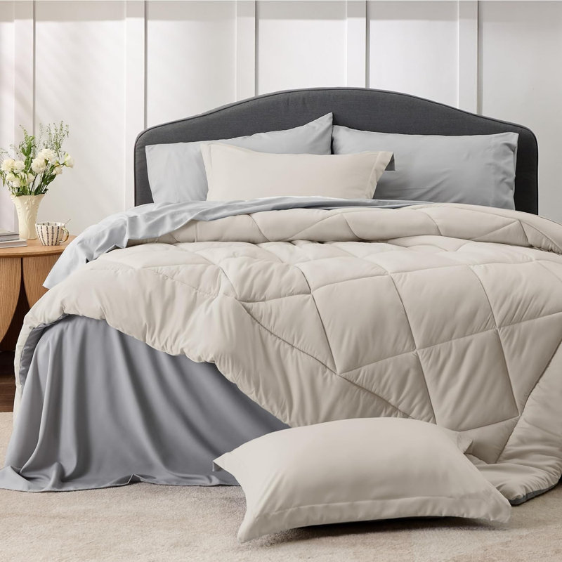 Bedsure Reversible Comforter Set, Bed in a Bag with Down Alternative Fill, Grey, Queen Comforter + 6 Additional Pieces