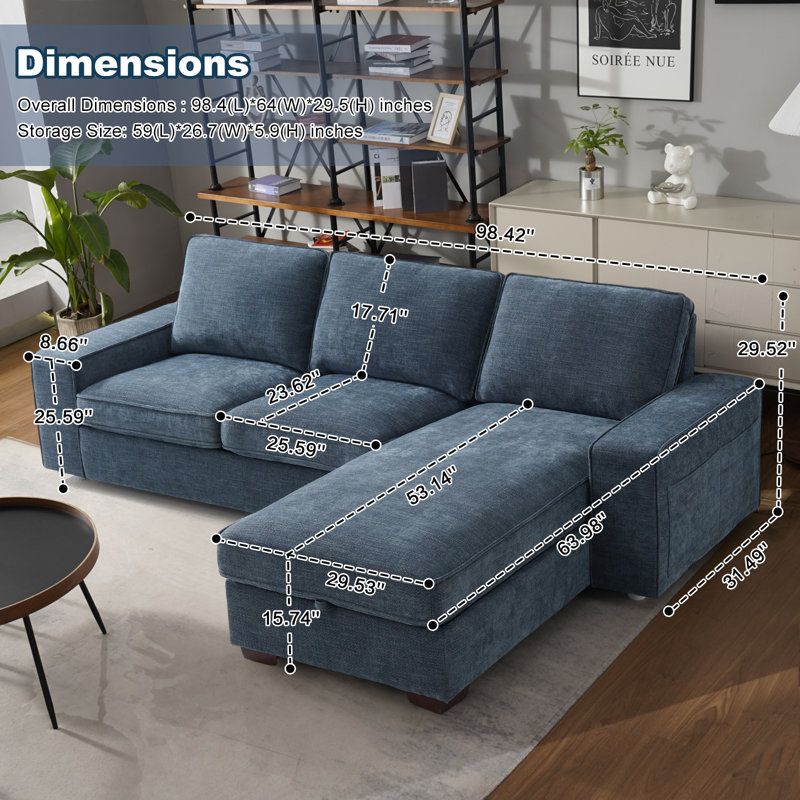 Jossilynn L-Shape Convertible Sectional Couches Sofas with Storage Chaise, Blue