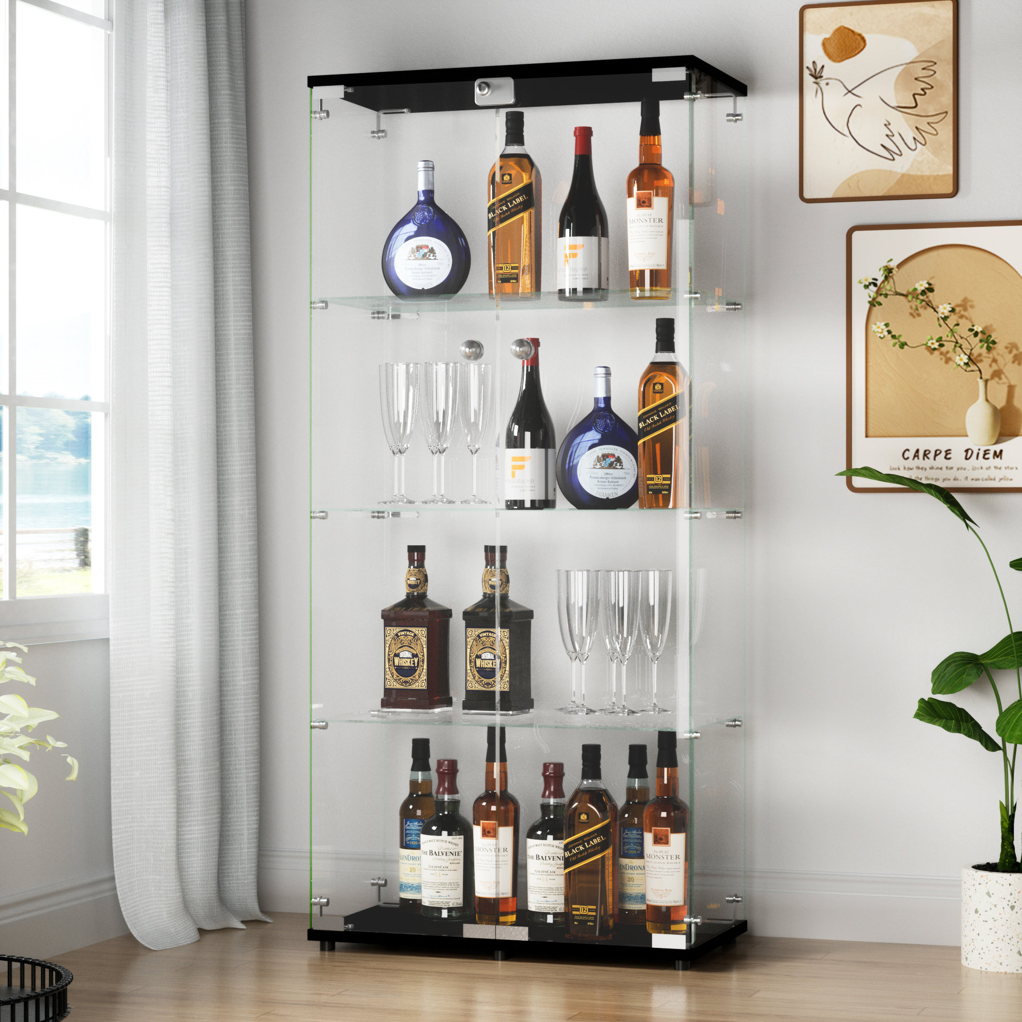 Homein 64.8"H 4 Shelf China Cabinet With Two Doors Tempered Glass Curio ...