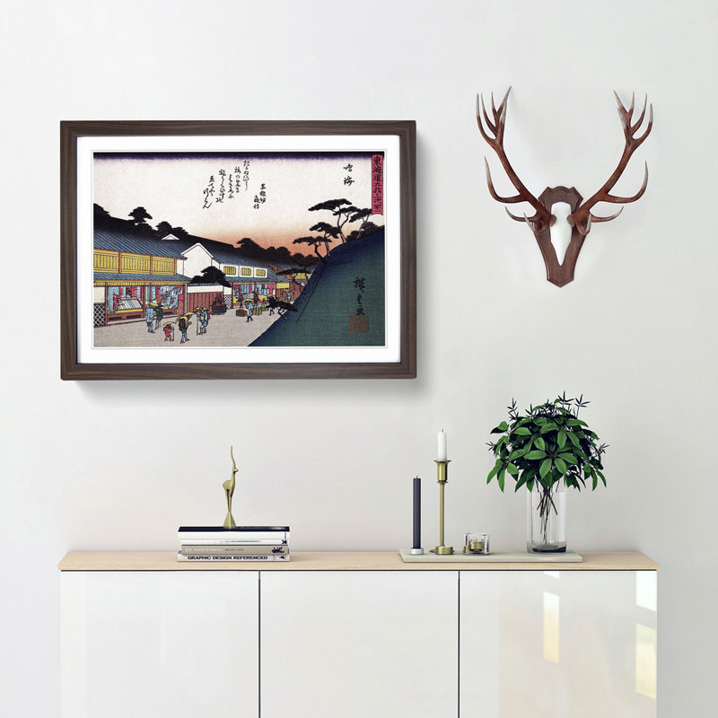 Narumi Town by Utagawa Hiroshige - Picture Frame Painting Print, 36cm H x 48cm W x 2cm D, Walnut Framed