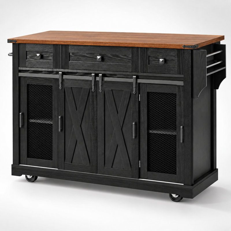58" Farmhouse Rolling Kitchen Island with Drop Leaf and Charging Station