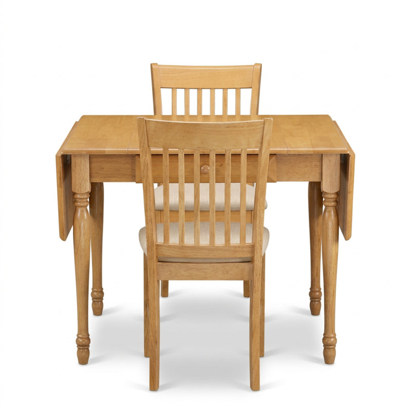 Ensemble de table de salle à manger en bois de chêne massif avec 2 tiroirs rabattables de 9 pouces et 2 sièges en tissu de lin blanc