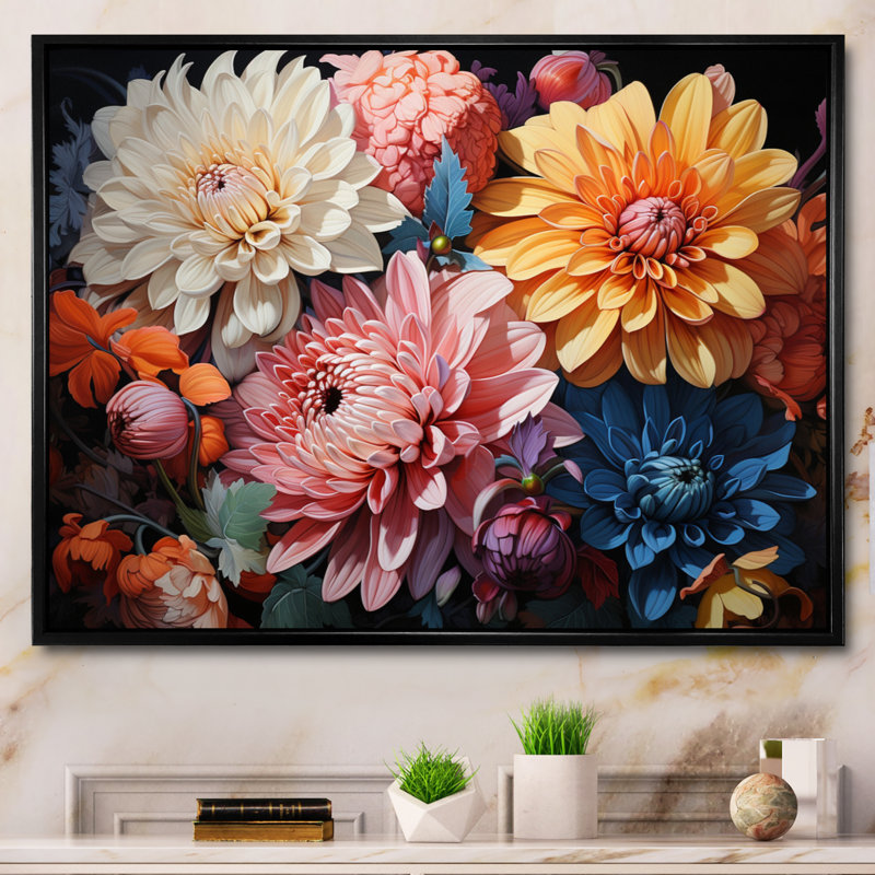 " Mums Mums In Bloom II ", 24" H x 32" W x 1" D, Black Floater Framed