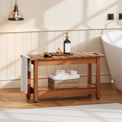 30" Shower Bench, Waterproof HIPS Shower Stool with Shelf, 400 lbs Weight Capacity and Non-Slip Feet, for Indoor/Outdoor, Teak