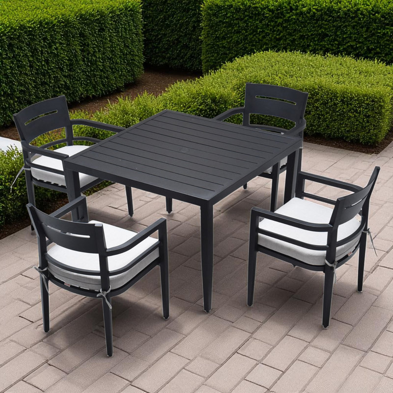 High-End Luxury Aluminum Outdoor Patio Dining Set Including 4 Dining Chairs With Sunbrella Seat Cushion And 40" Square Dining Table With Umbrella Hole