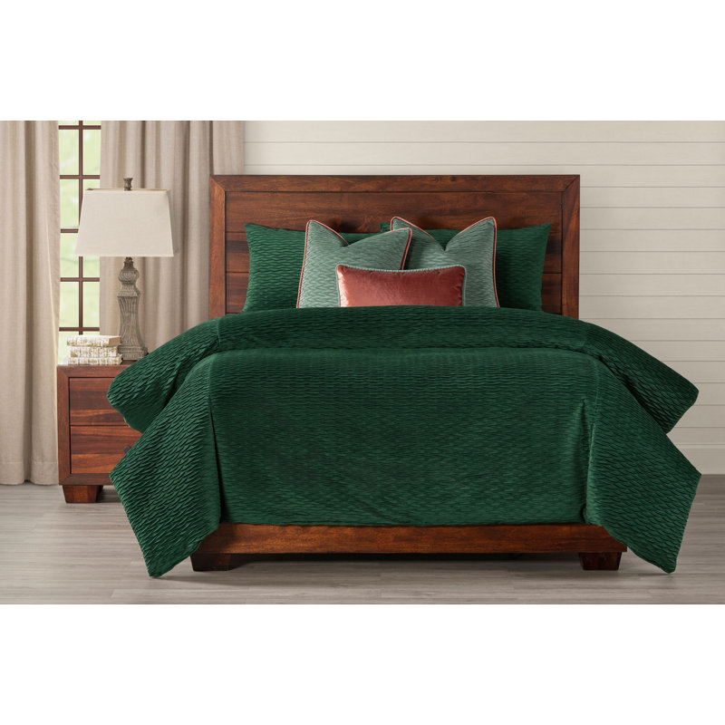 Pleated Velvet Emerald Green Duvet Cover & Insert Set, Full Duvet Cover + 2 Shams + 3 Pillows