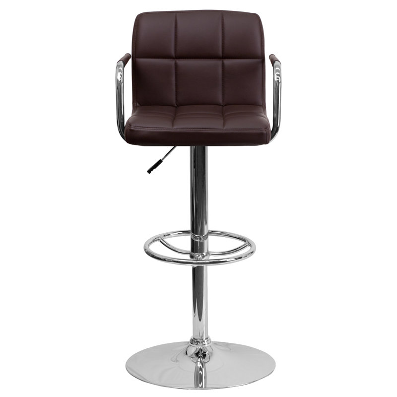 Sleek Brown Quilted Vinyl Adjustable Swivel Barstool with Chrome Base
