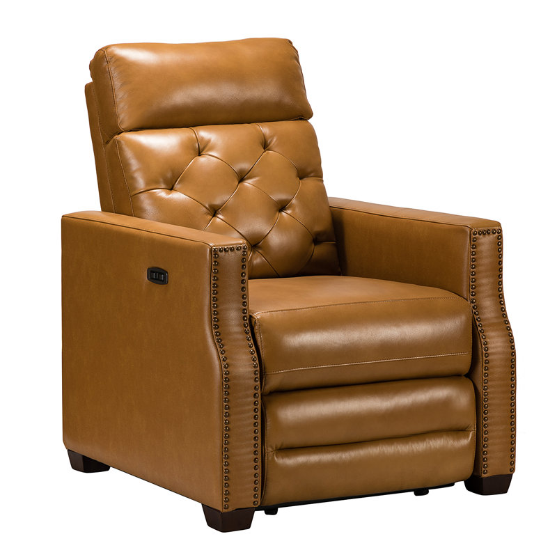 Gumesindo 31.50" Wide Genuine Leather Power Recliner, Camel Genuine Leather