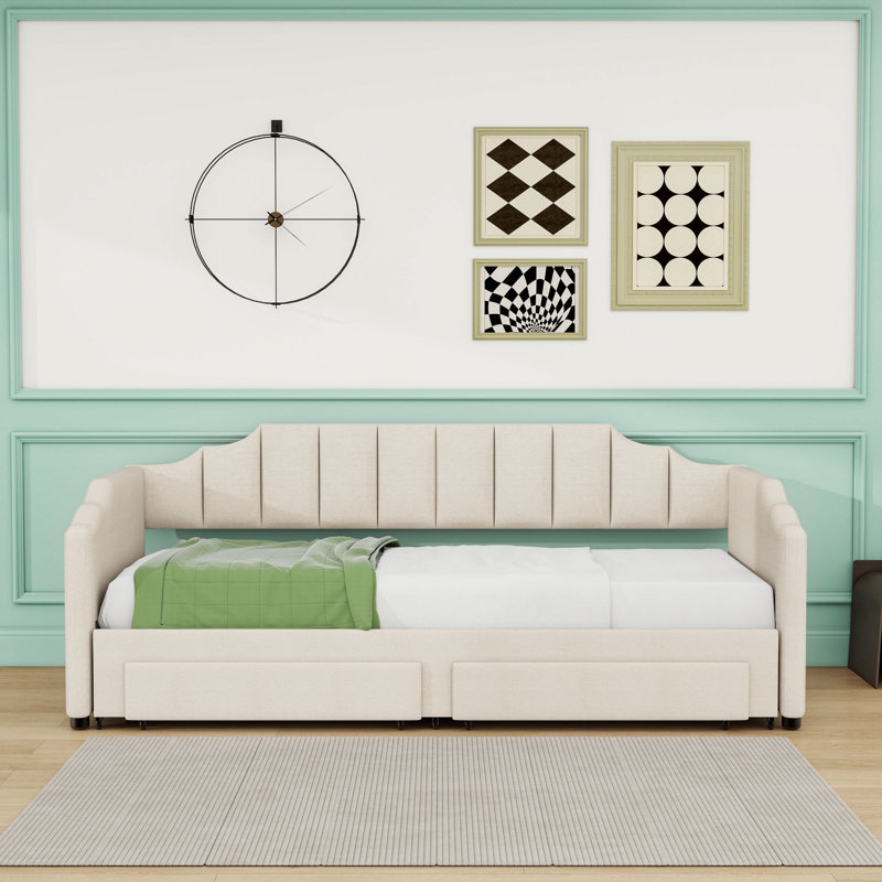 Twin XL to King Upholstered Daybed with Two Storage Drawers, LED Light and Trundle, Beige