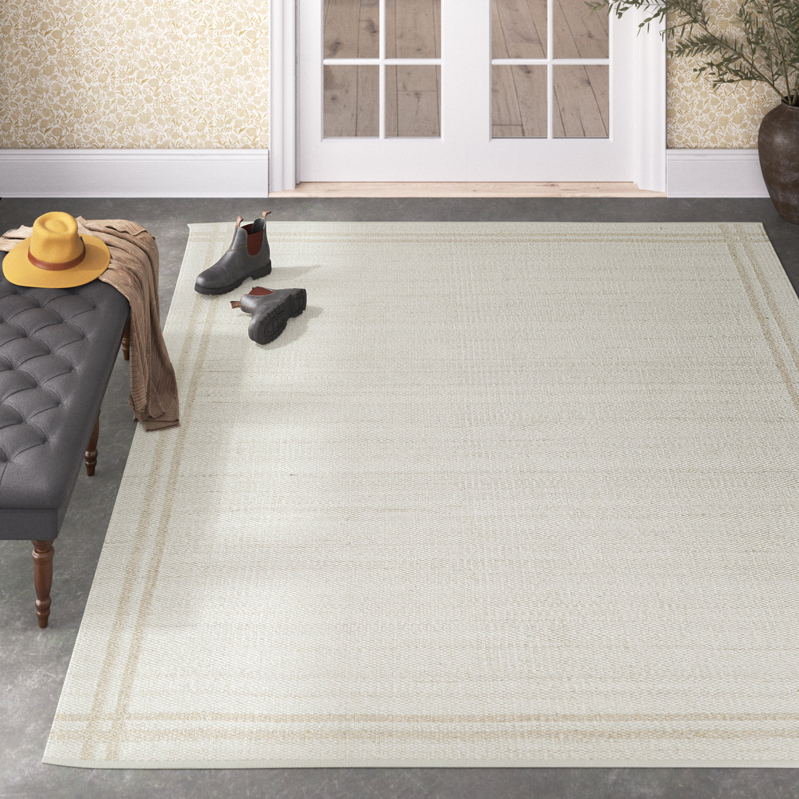Lavande Geometric Wool Area Rug in Ivory/Tan, Rectangle 3'6" x 5'6"