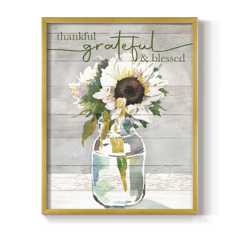«Thankful, Grateful, Blessed», reproduction encadrée - bois massif, H 15 po x l 12 po, Doré