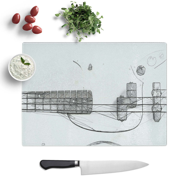 Tempered Glass White Bass Guitar in Abstract Chopping Board, 28.5 cm W x 20 cm L
