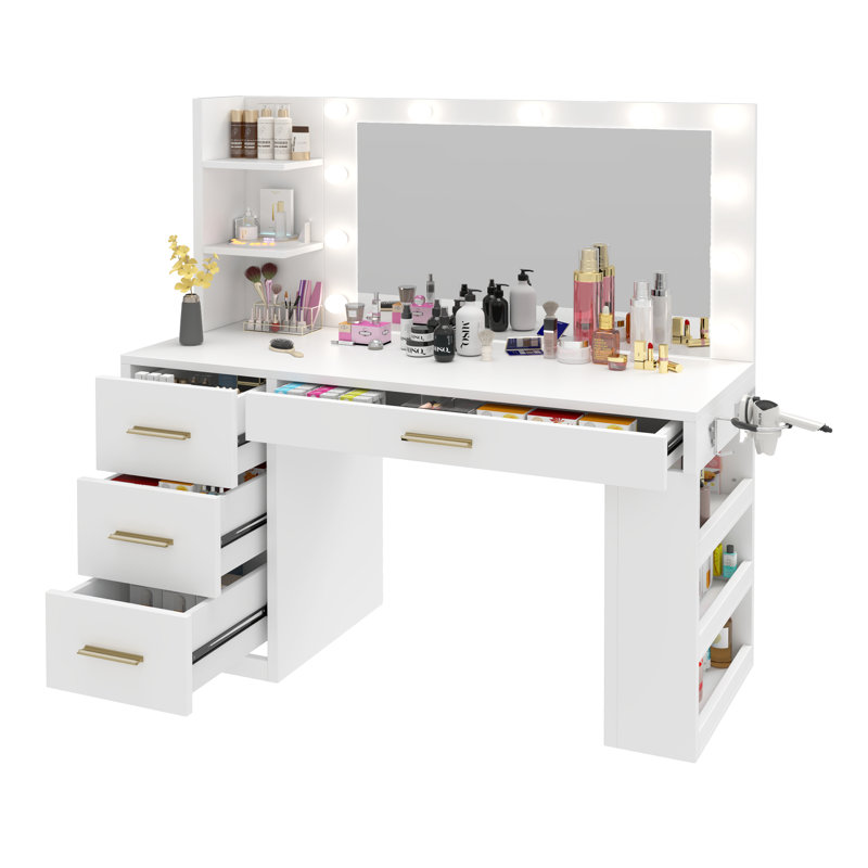 Latitude Run® Makeup Vanity Desk With Mirror, Powers Strips & Lights Bulbs, White