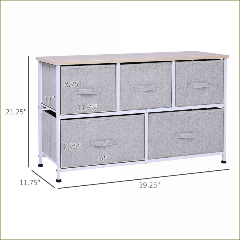 Rangement horizontal à 5 tiroirs avec bacs en tissu, structure en acier gris ardoise | Minimaliste | Chambre à coucher