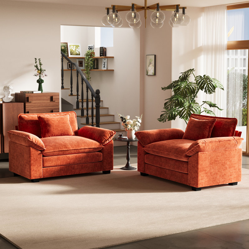 49.5'' W Oversized Premium Chenille Armchair And A Half With Accent Pillow & Removable Cushions-Set Of 2, Orange