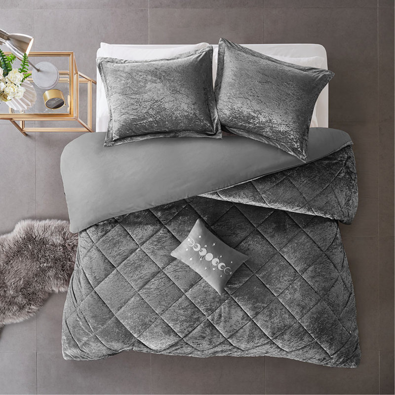 Ensemble de housse de couette en velours avec coussin décoratif, Housse de couette simple + 6 pièces supplémentai, Gris