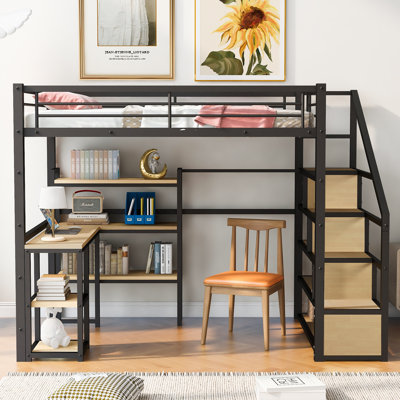 Full Size Metal Loft Bed with Staircase, Built-in Desk and Shelves - Space-Saving & Sturdy for Bedroom