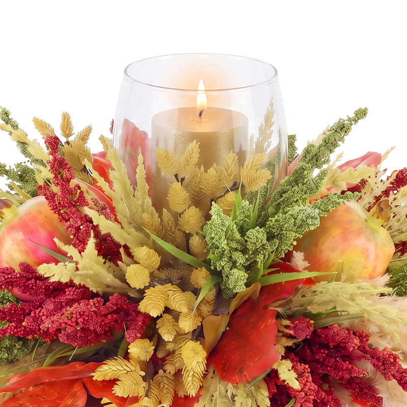Bougeoir d'automne avec bruyère, pampas et grenades