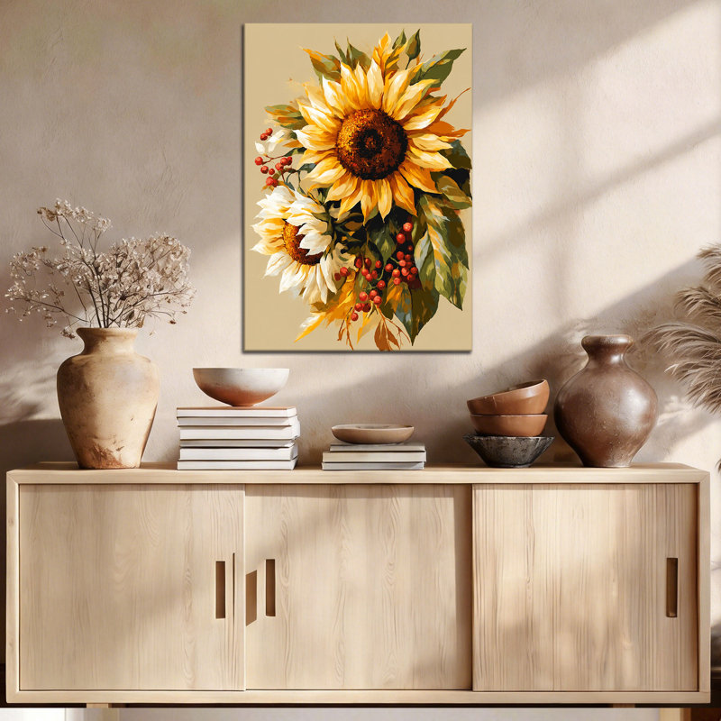 Tableau sur toile vintage Tournesols et Baies, 28 * 40 pouces (70 * 100 * 2cm)