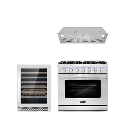 Cosmo 3 Piece Kitchen Appliance Package with 36'' Gas Freestanding Insert Range Hood