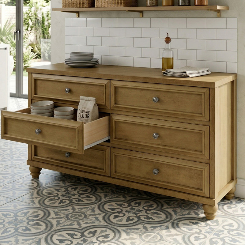 Caskey Transitional 54.8" W 6 Drawer Dresser, Antique Oak