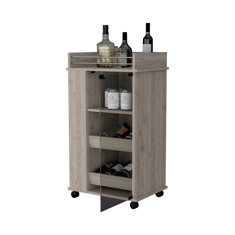 Glass Door Bar Cart with Bottle Holder and Casters Light Gray, Gray