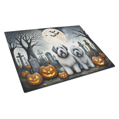 Old English Sheepdog Spooky Halloween Glass Cutting Board Large