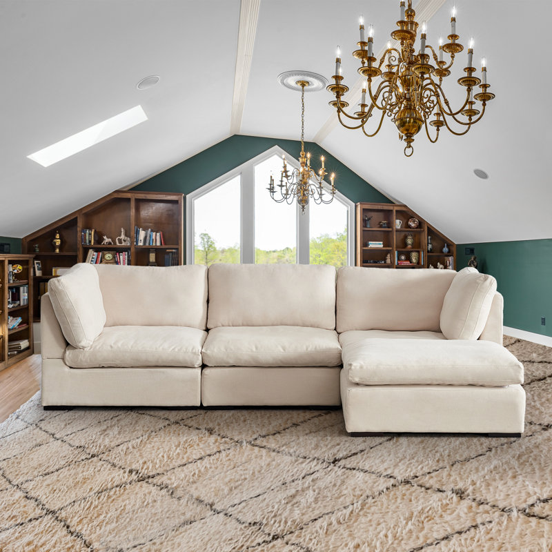 Eugenija 99"W Down Filled Modular Sectional, Beige Polyester