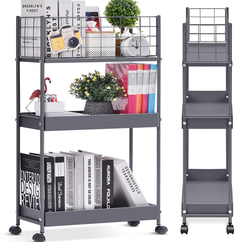 3-Tier Metal Utility Cart, Slim Storage Cart Metal Rolling Cart, Dark Grey