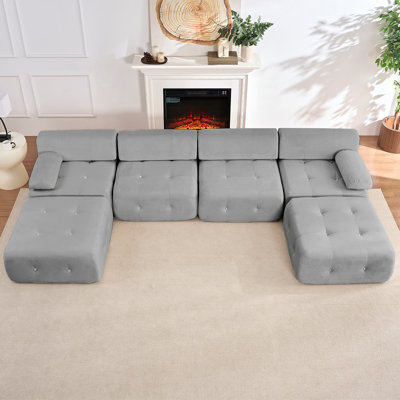 Canapé modulaire velours capitonné modulaire, gris clair