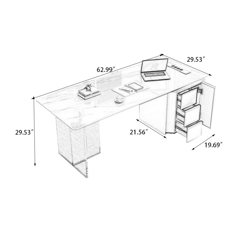Bureau blanc rectangulaire en bois manufacturé avec 3 tiroirs, H 29,53 po x l 62,99 po x P 29,53 po