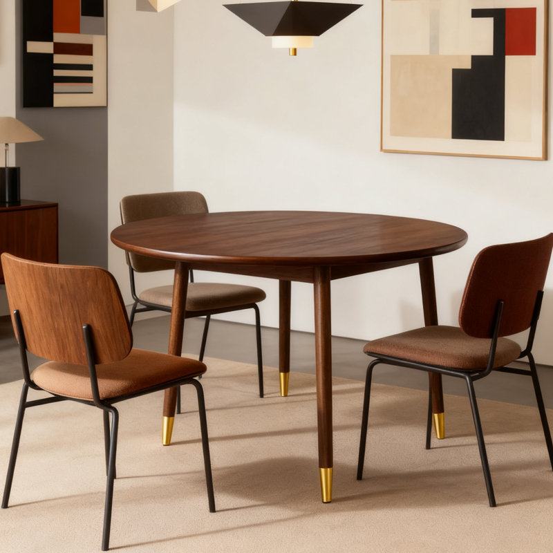 Doucoure Round Solid Wood Base Dining Table, Brown