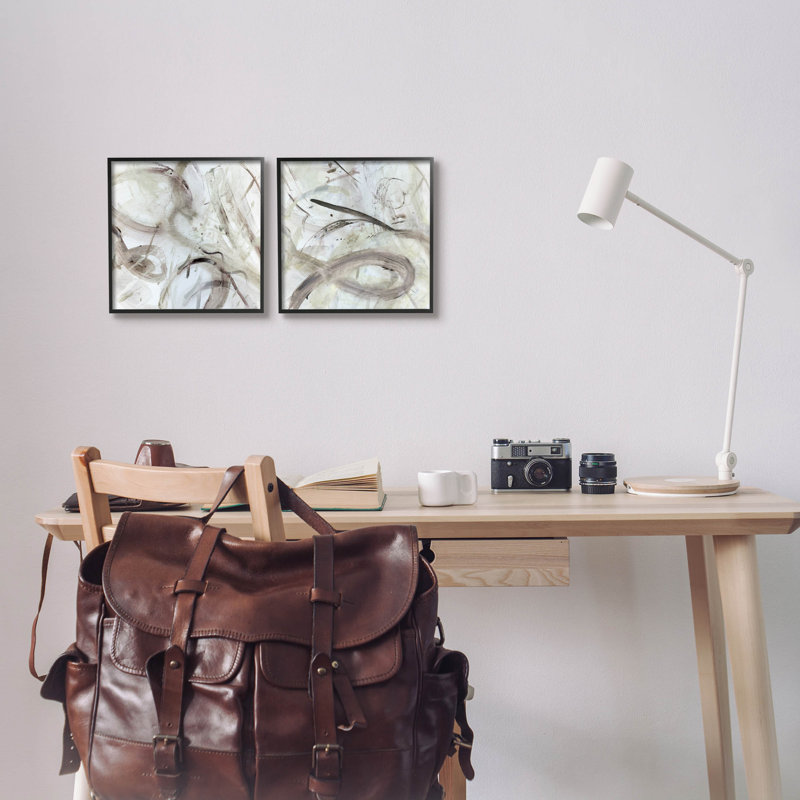 Modern Neutral Tones Abstract Art Set with Black Wood Frame