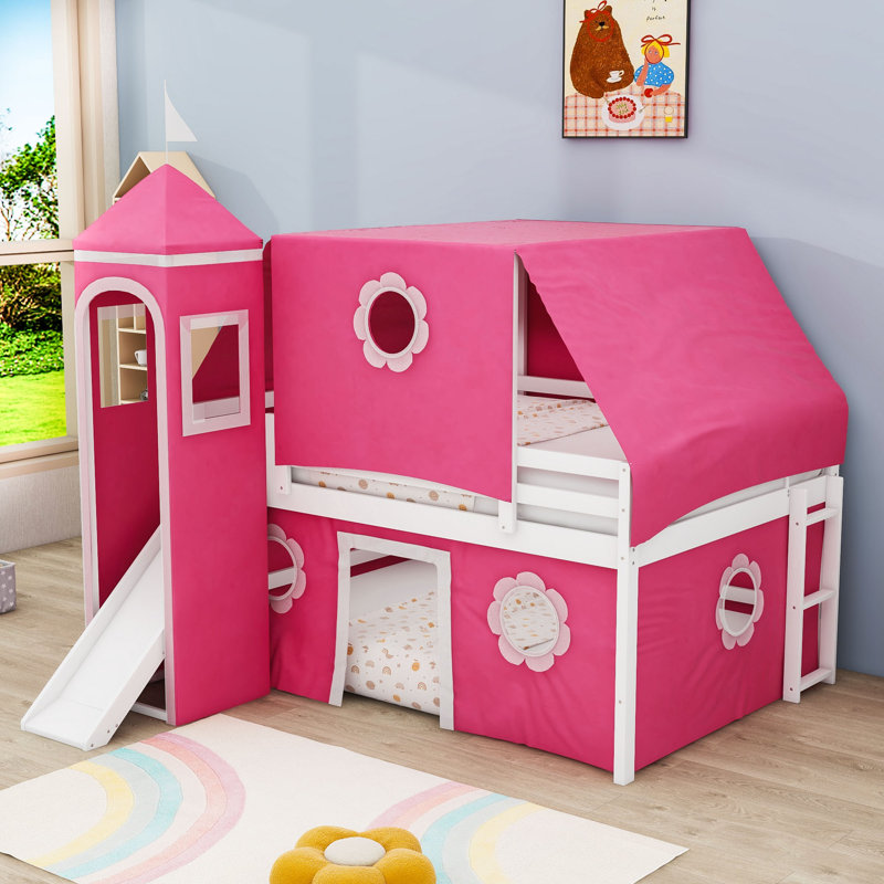 Lit mezzanine double avec tente et tour, glissade