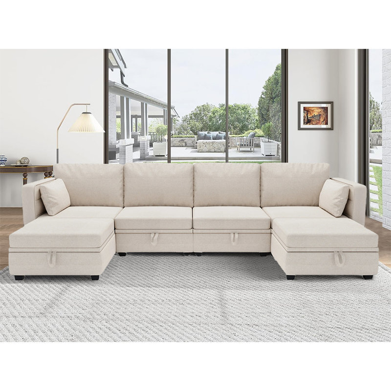Ardenne 110“ Width U-Shaped Modular Couch with Reversible Chaise and Storage Seats, Beige 100% Linen