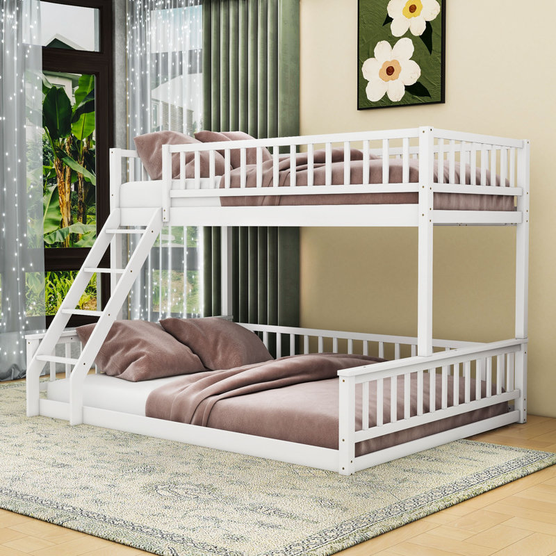 Lit superposé en bois polyvalent avec design et échelle détachables, Simple TG sur grand, Blanc