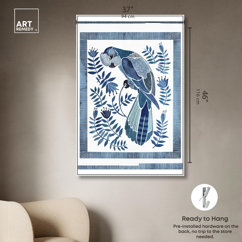 «Cockatoo Chinoiserie Blue Decor» par Art Remedy, H 16 po x l 20 po, Toile tendue avec châssis