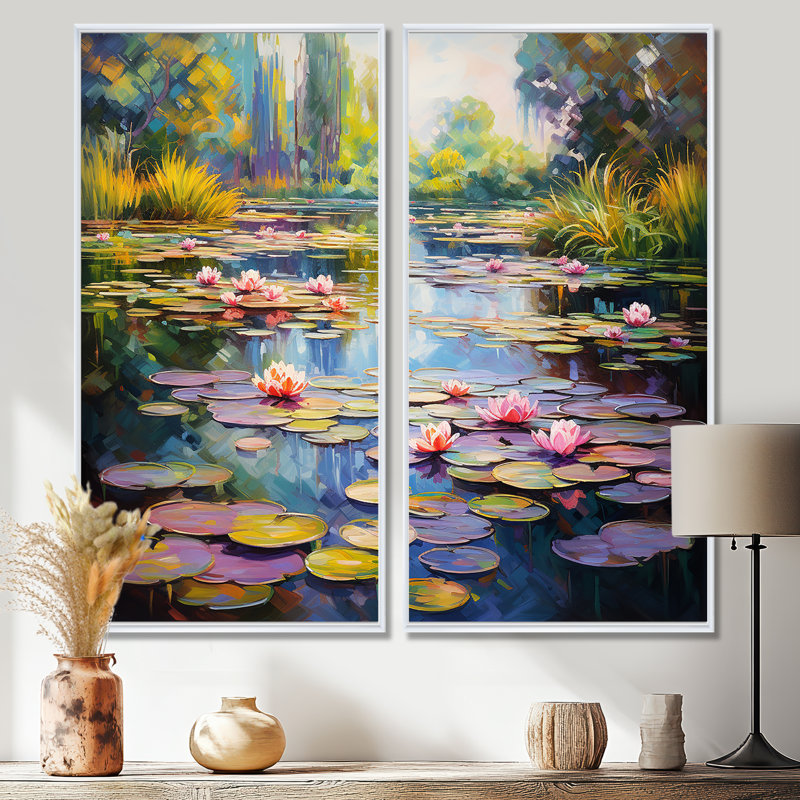 «Blue and Green Monets Lake Reflections» 4 - impressions sur toile roses, 2 pièces, H 40 po x l 40 po, Blanc