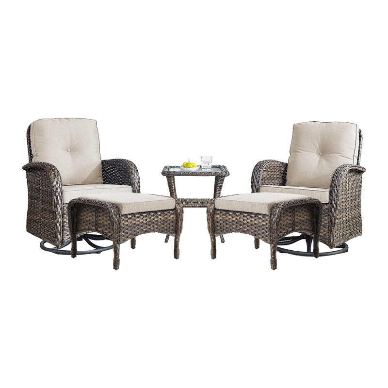 Aristil 5-Pieces PE Wicker Outdoor Patio Conversation Set With Swivel Glider Chair And Ottomans, Beige