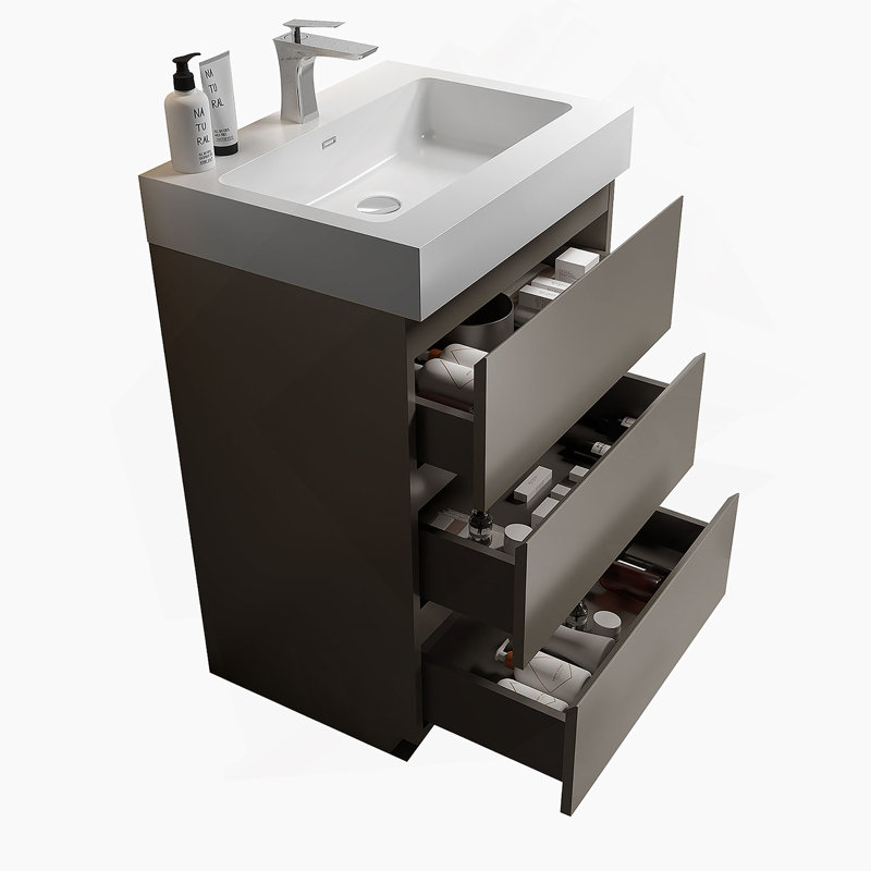 Meuble-lavabo autoportant avec grand lavabo et rangement, Gris, 24", Blanc