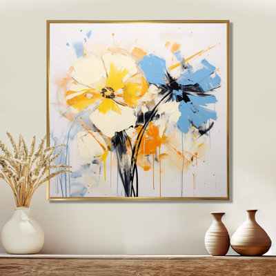 Abstrait blanc et bleu, fleurs violettes, art floral moderne