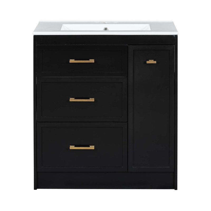 Ensemble de meuble-lavabo classique 30 po, à fixation au sol, avec trois tiroirs, dont un tiroir à double couche, avec de longues poignées dorées - parfait pour les petites salles de bain