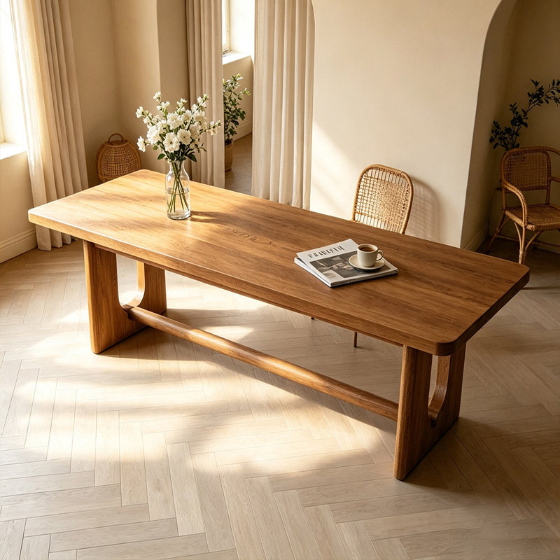 Warm Oak Rectangular Solid Trestle Dining Table, 29.53"H x 78.74"L x 31.50"W