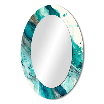 Turquoise Waves In Paradise V - Abstract Oval Decorative Mirror On Metal