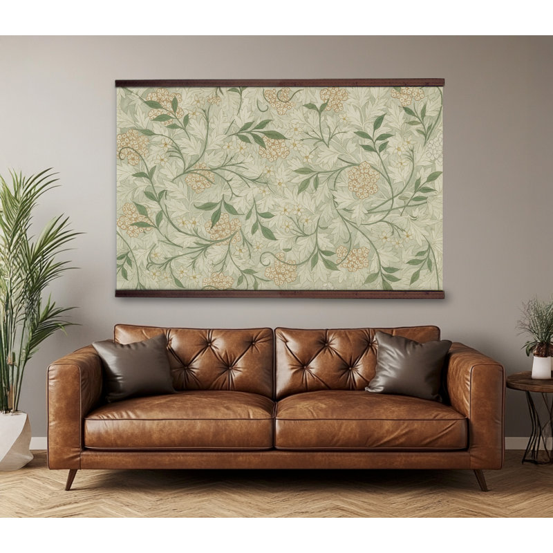 Très grande tapisserie botanique murale - Design floral William Morris avec cintre en bois, H 40 po x l 60 po