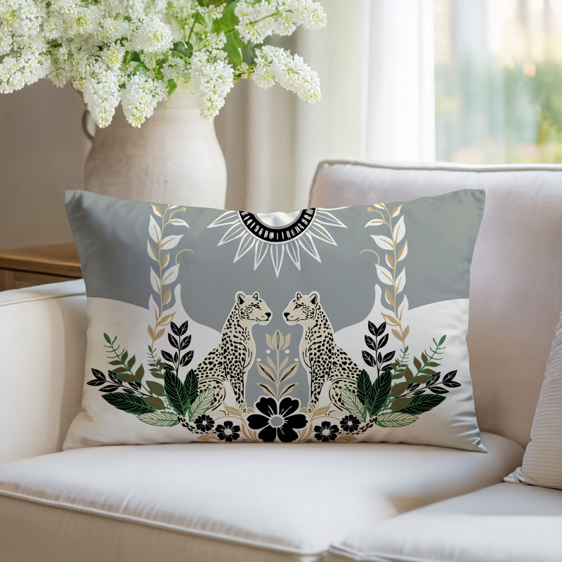Oreiller rectangulaire réversible intérieur / extérieur Spoke Leopard, Gris, Rectangle H 14 po x l 20 po