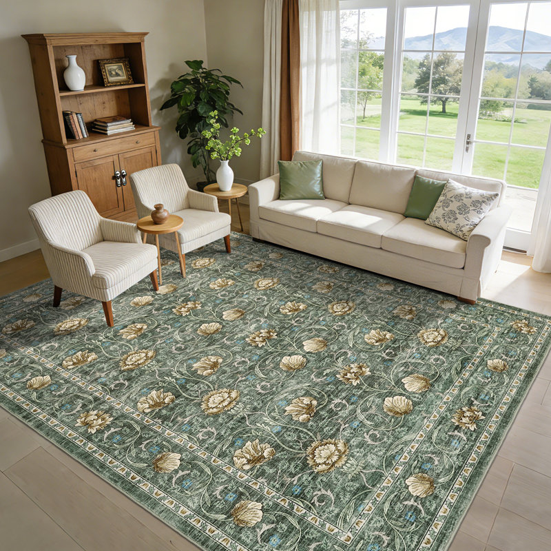 Vintage Floral Area Rug Washable Non Slip Low Pile Carpet Mark Resistant Soft Collapsible Vintage Accent Throw Rug Living Room Bedroom Dining Room Office Home Decor