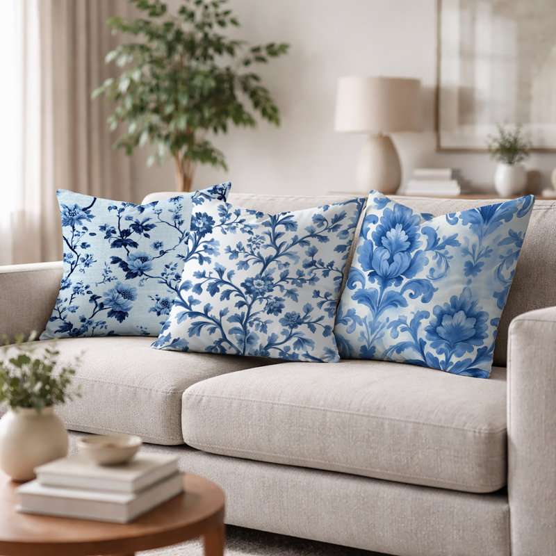 Blue Toile - Coussin décoratif imprimé côtier bleu 3 pièces, H 20 po x l 20 po