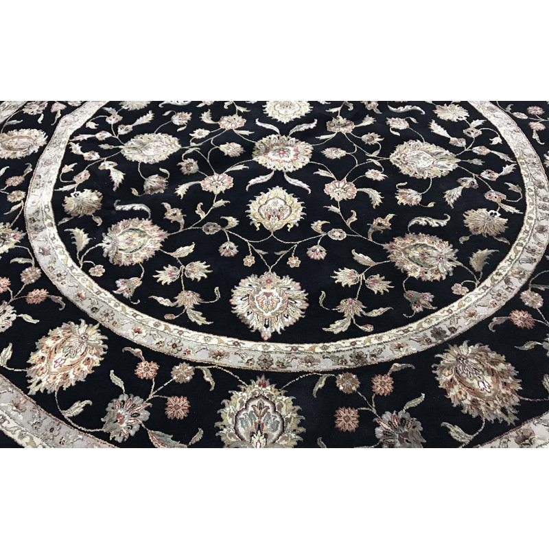 Tapis noir et noir rond de haute qualité noué à la main