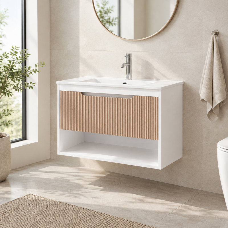 Meuble sous-vasque suspendu de 76 cm (30 po) seulement, meuble-lavabo mural moderne en MDF avec tiroir cannelé et étagère ouverte, blanc/chêne